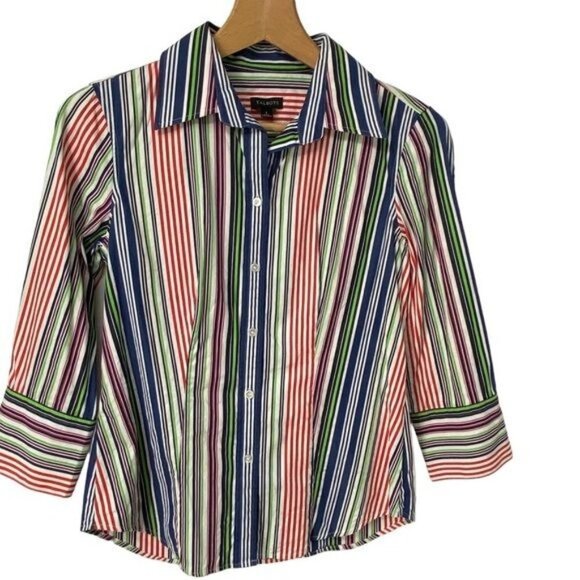 Talbots Women's Cotton Striped Button-Down Shirt Size 2 Blue White Green Orange - Picture 1 of 11